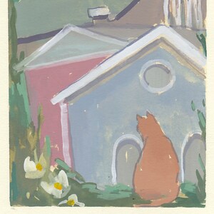 May include: A painting depicting a house with a cat sitting in front of it. The house is painted in shades of grey and pink, with a white roof. The cat is orange and is looking to the left. The background is a green field with white flowers.