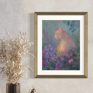 May include: A framed painting of a ginger cat sitting in a field of purple flowers. The cat is looking to the left of the frame. The background is a soft, muted green.