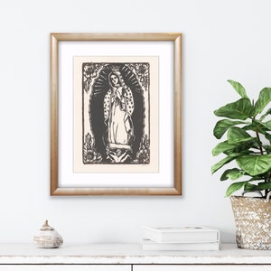 Woodblock Print Our Lady of Guadalupe, Virgin Guadalupe Block Print, Virgin Mary Wall Art, Mother Mary Gifts, Original Art by Michelle Farro image 1