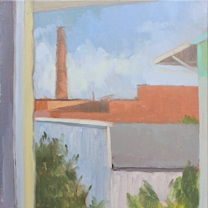 May include: A painting depicting a view from a window, showcasing a brick building with a tall chimney, a blue sky with white clouds, and green foliage in the foreground.