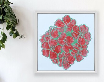 Red Flower Woodblock Print, Botanical Wall Art, Large Wall Art by Michelle Farro