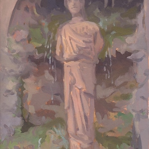 May include: An oil painting of a classical statue of a woman in a draped garment. The statue is a light beige colour, set against a backdrop of green foliage and a dark, arched structure. The artwork has a painterly style.