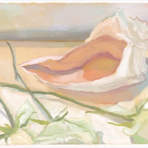 May include: A painting of a conch shell in peach, cream, and white hues. The shell is positioned on a light beige surface, with green and white foliage in the foreground. The artwork has a soft, painterly style, reminiscent of watercolour.