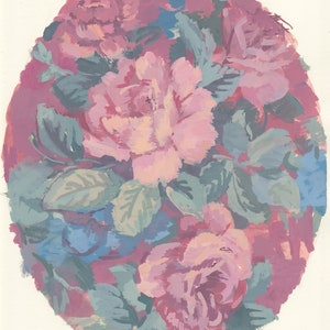May include: A painting of a bouquet of pink roses with green leaves on a pink background.