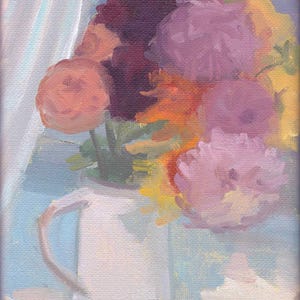 May include: Oil painting of a floral arrangement in a white jug. The flowers are various shades of pink, purple, orange, and yellow. The background is light blue with a white curtain.
