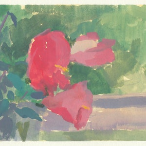 May include: A watercolor painting of pink flowers with green leaves in the background.