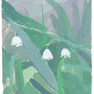 May include: A watercolour painting depicting white bell-shaped flowers with green markings, set amongst long green leaves and grass. The background is a soft blend of green and grey, creating a natural, tranquil scene. The artwork evokes a sense of springtime and botanical beauty.