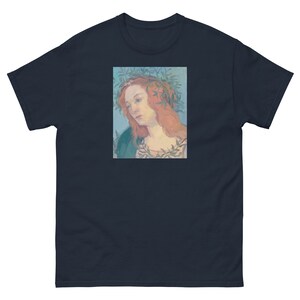 A navy cotton tshirt for men or women. The tshirt depicts portrait art of the goddess Minerva.