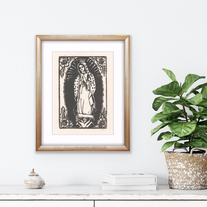Woodblock Print Our Lady of Guadalupe, Virgin Guadalupe Block Print, Virgin Mary Wall Art, Mother Mary Gifts, Original Art by Michelle Farro image 1