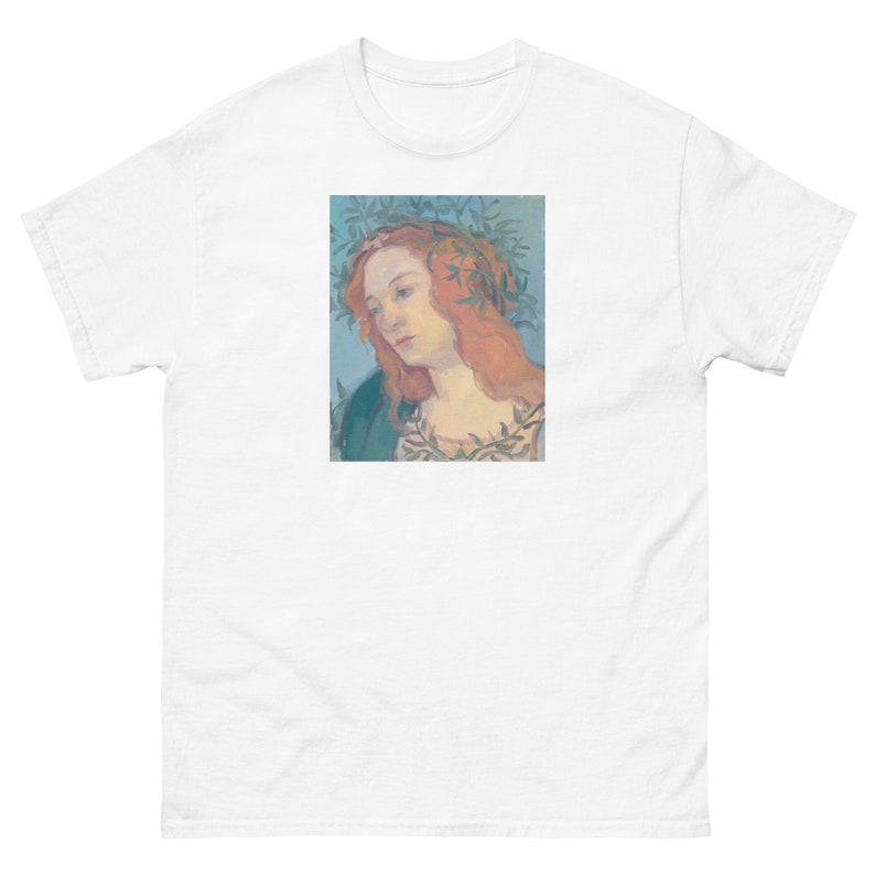 A white cotton tshirt with a portrait painting of the goddess minerva. Art on a shirt for men or woman. The portrait art is centered on the tshirt, a neoclassical style painting.