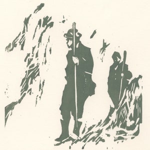 May include: A black and white woodcut print of two people walking with sticks in a mountainous landscape.