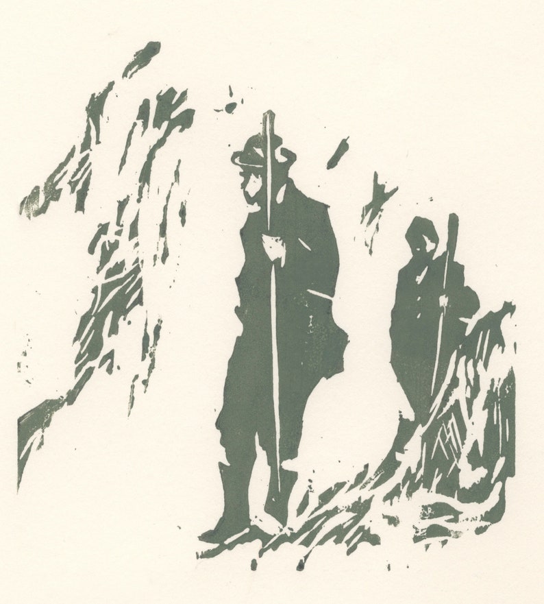 May include: A black and white woodcut print of two people walking with sticks in a mountainous landscape.