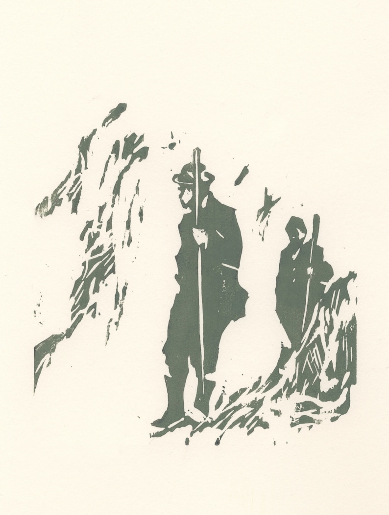 May include: A black and white woodcut print of two people walking with sticks in a mountainous landscape.