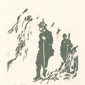 May include: A black and white woodcut print of two figures walking through a forest. The figures are wearing hats and carrying staffs. The print is signed "FARRO" and numbered "2/30".