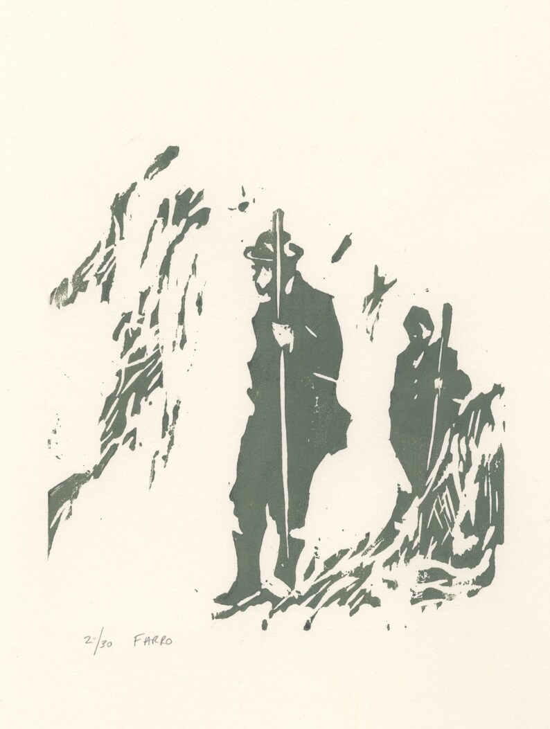 May include: A black and white woodcut print of two figures walking through a forest. The figures are wearing hats and carrying staffs. The print is signed "FARRO" and numbered "2/30".