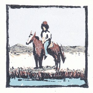 Original Woodblock Print, Cowboy Art Print, Horse Art, Small Wall Art, Western Decor, Gift for Cowboy, Gift for Horse Lover, Woodcut Print
