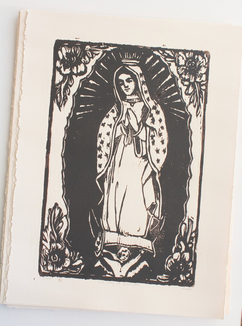 Woodblock Print Our Lady of Guadalupe, Virgin Guadalupe Block Print, Virgin Mary Wall Art, Mother Mary Gifts, Original Art by Michelle Farro image 2