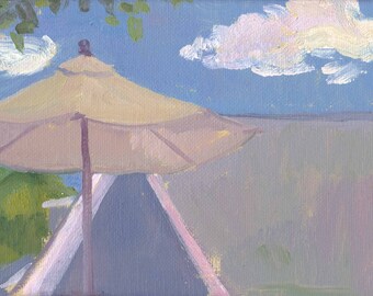 Plein Air Painting, Cloud Painting, Umbrella Wall Decor, Oil Paintings, Original Art, Summer Art, Umbrella Painting, Blue Sky Art