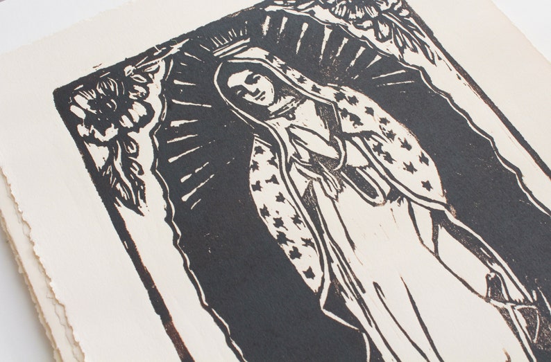 Woodblock Print Our Lady of Guadalupe, Virgin Guadalupe Block Print, Virgin Mary Wall Art, Mother Mary Gifts, Original Art by Michelle Farro image 4