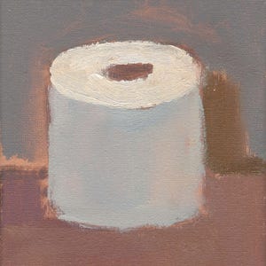 May include: An oil painting depicting a roll of white toilet paper. The artwork uses a muted colour palette, featuring a light blue and brown backdrop. The toilet paper roll is centrally positioned, serving as the focal point.