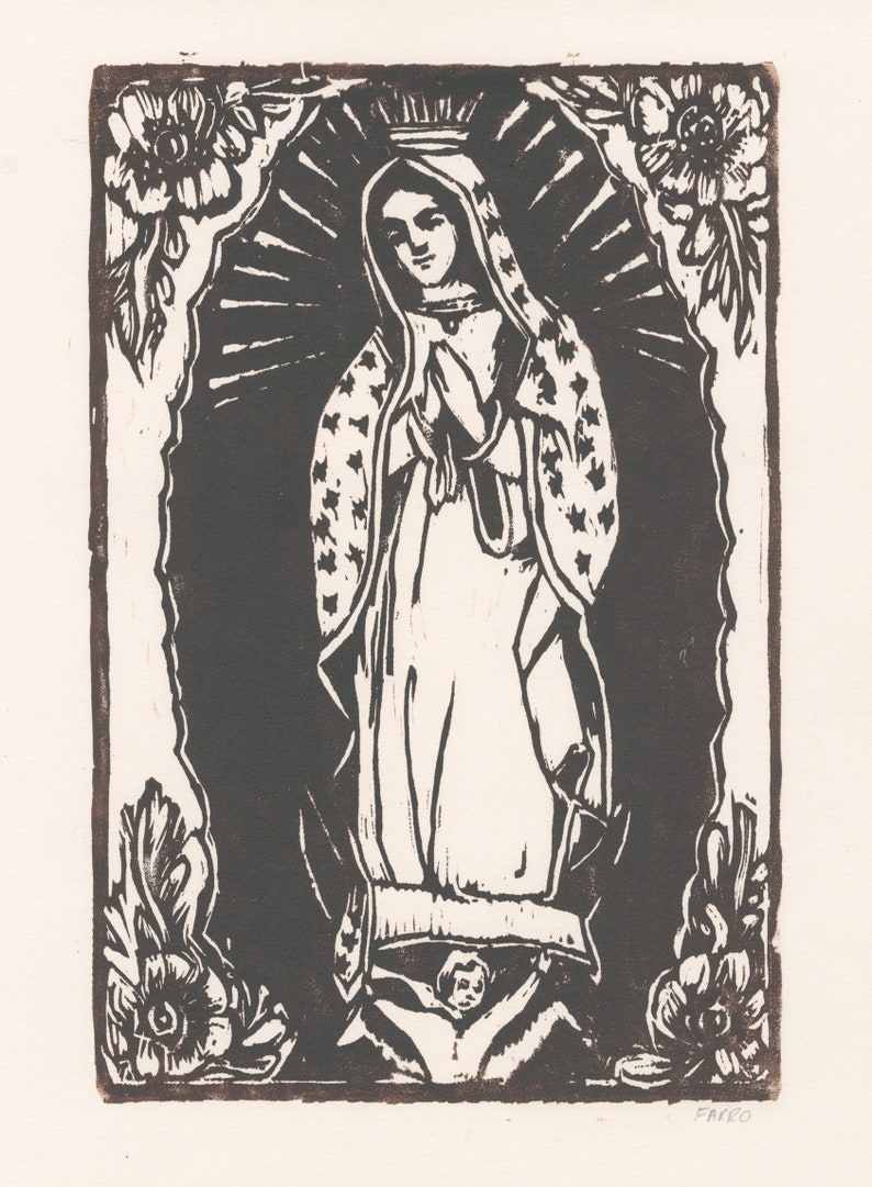 Woodblock Print Our Lady of Guadalupe, Virgin Guadalupe Block Print, Virgin Mary Wall Art, Mother Mary Gifts, Original Art by Michelle Farro image 3