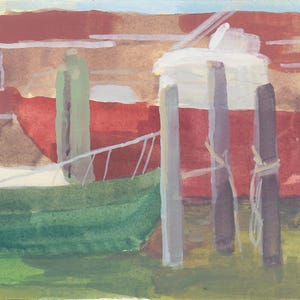 May include: A watercolour painting depicting a red building with a green boat in front of it. The building has a white roof and is surrounded by wooden posts.