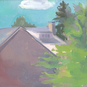 May include: A painting depicting a house with a brown roof and a green tree in the foreground. The sky is blue with a white cloud.