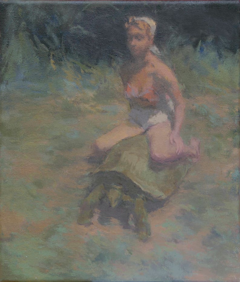 May include: A painting of a woman in a white swimsuit sitting on a large turtle. The woman is wearing a white headband and has her hair pulled back. The turtle is brown and green and has a textured shell. The background is a blurry green and brown.