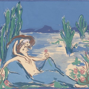 May include: A painting depicting a couple embracing in a desert landscape. The woman is wearing a blue dress and the man is nude. They are surrounded by green cacti and pink flowers.
