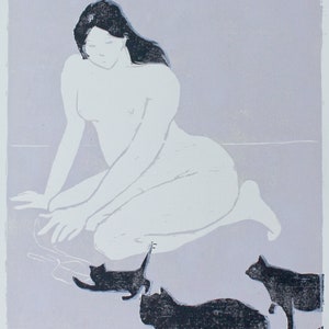 Figurative Art Woodblock Print | Cat Lady Art by Michelle Farro