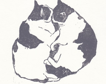 Woodblock Print of Snuggling Gray Cats de Michelle Farro