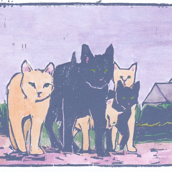Cat Woodblock Print, Original Art by Michelle Farro