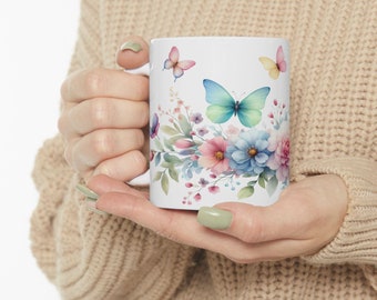 Butterfly & Floral Mug: Geschenk für Kaffeeliebhaber - 11oz