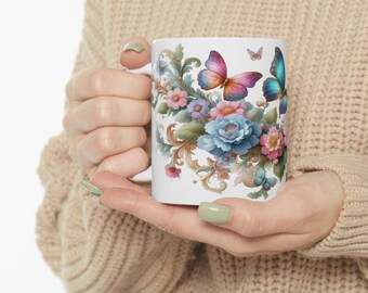 Schmetterling und Blumenbecher - Wunderliche Kaffeetasse, 11 Unze