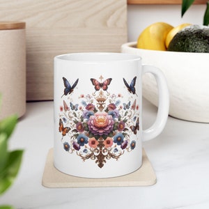 Butterflies & Flowers Mug Best Gift for Butterfly Lovers Birthday Present Vibrant Design Ideal Cup for Coffee Enthusiasts Ceramic Mug 11oz