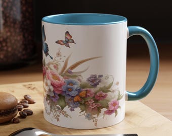 Schmetterling & Blumenkeramikbecher, buntes Design (11 Unzen)