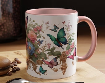 Butterfly Floral Coffee Mug, Colorful Ceramic Cup, Gift for Her