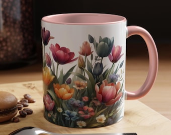 Tazza da caffè floreale con tulipani: design botanico colorato, regalo per lei
