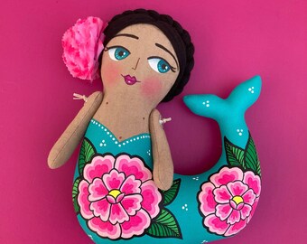 Handmade Tehuana Mermaid Doll, Oaxacan Floral Art
