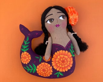 Handmade Cempasuchil Mermaid Doll, Day of the Dead Decor