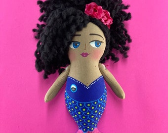 Handmade Mermaid Doll, "Marina" Veracruz Inspired, Pink Flower Hair
