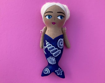 Handmade Mermaid Fabric Doll: "Conchita" Seafoam Hair, Ocean Design