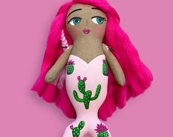 Cactus Fairy Mermaid Doll: "Roxie" Hand-Painted Cotton & Merino Wool