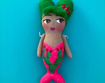 Handmade Mermaid Doll, Cotton Fabric with Prickly Pear Detail
