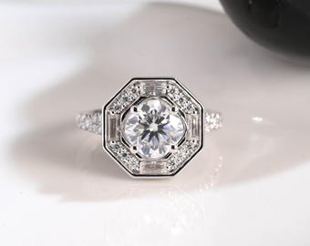 Solid Gold Split Shank Cushion Cut Moissanite Engagement Ring Hidden Halo, Vintage Ring