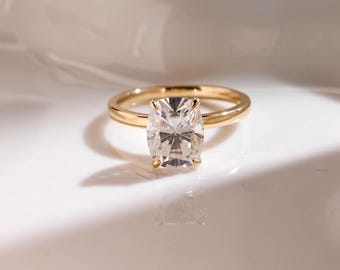 Solid Gold Solitaire Elongated Cushion Cut Moissanite Engagement Ring, Anniversary Gift for Women