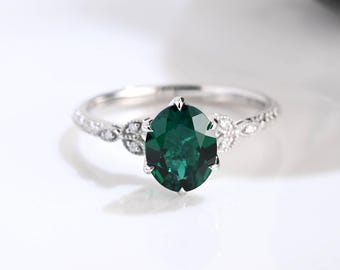 Solid Gold Tulip Set Oval Cut Lab Emerald Engagement Ring Engraved Band