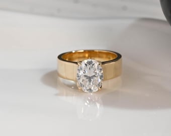 Solid Gold 5mm Width Solitaire Oval Cut Moissanite Engagement Ring Tulip Ring, Cathedral Ring