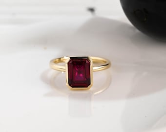 Solid Gold Solitaire Ring, Emerald Cut Ruby Engagement Ring Bezel Ring, Birthstone Ring