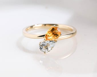 Solid Gold Pear Cut Citrine & Natural Aquamarine Engagement Ring, Toi et Moi Ring